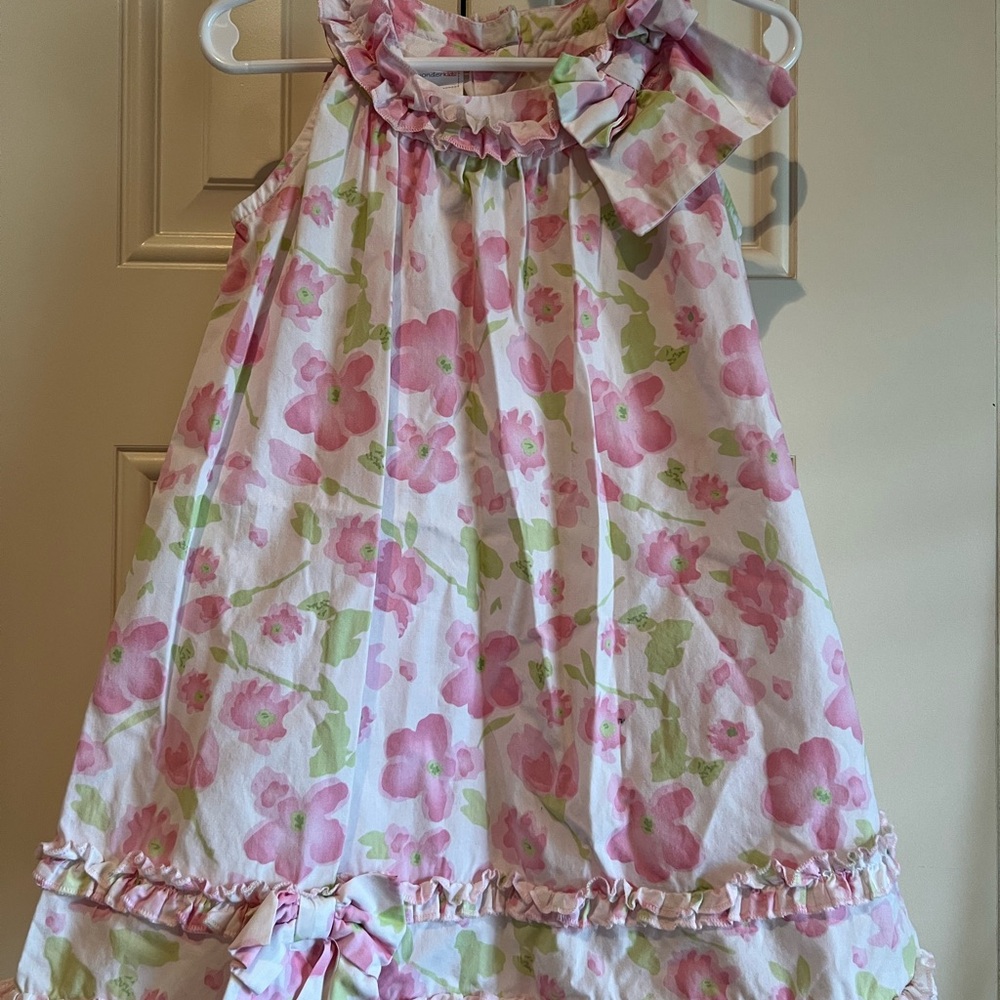 Wonderkids Pink/White and Light Green Floral Ruffle Dress